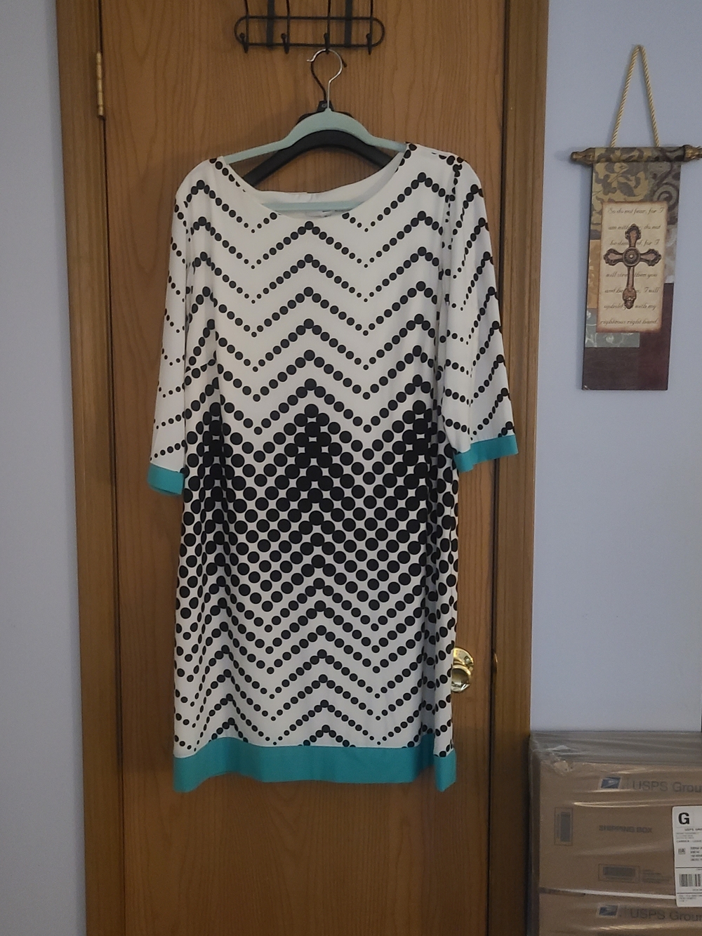 White Shift Dress with Black Dot Chevron and Teal Trim